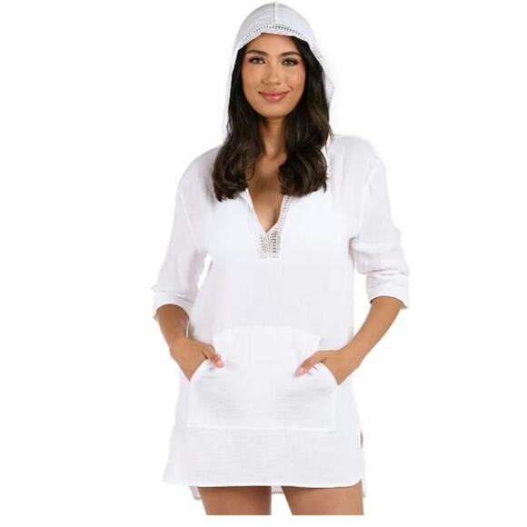 La Blanca Seaside Hoodie Kangaroo Pocket & Crochet Edging Detail Cover-Up XS - Picture 3 of 9